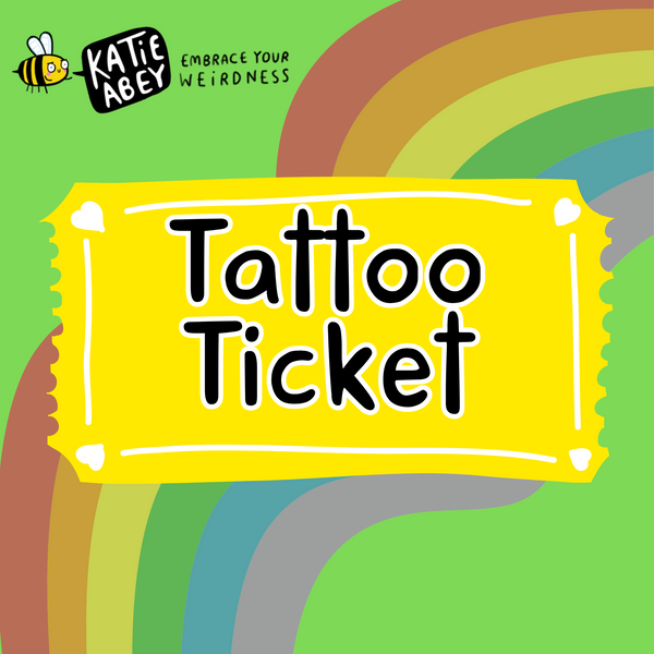 a virtual yellow tattoo ticket on a green background with a rainbow behind it and Katie Abey logo at the top