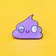 Isolated image of the Galactic Poo Glitter Enamel Pin Badge by Katie Abey. The soft enamel pin features a glittery purple poo with a silly face, black outline, and is photographed against a yellow background.