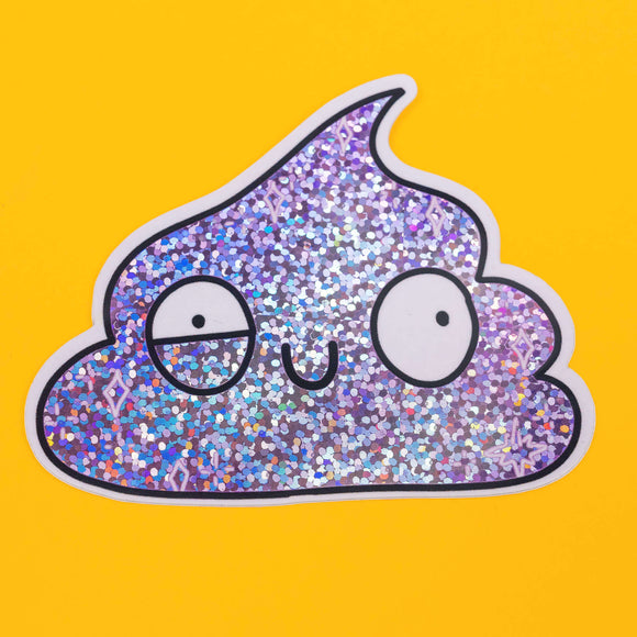 A glittery purple poop-shaped sticker with a funny expression, featuring googly eyes and a lopsided smile. The background is bright yellow. This playful design is from Katie Abey, a small colourful company for fun likeminded weirdos.