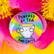 Badge with the phrase “Powered by Tea and Spite” nestled in bright pink and yellow flower petals. The illustrated floral teacup character looks unimpressed on a rainbow tie-dye background.