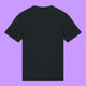 Back view of a black organic cotton unisex adults t-shirt by Katie Abey displayed on a purple background. Plain back of the Prioritising Whimsy, Nonsense and Joy graphic tee showing the relaxed fit and soft fabric.
