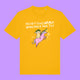 Front view of a Spectra Yellow Katie Abey Prioritising Whimsy, Nonsense and Joy adults graphic t-shirt. The organic cotton tee features a whimsical illustration of a quirky character riding a pink unicorn with playful typography.
