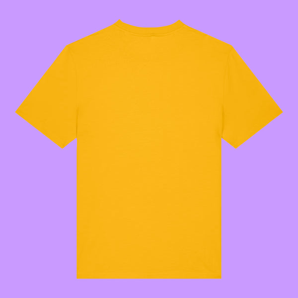 Back view of a Spectra Yellow organic cotton unisex adults t-shirt by Katie Abey displayed on a purple background. Plain back of the Prioritising Whimsy, Nonsense and Joy graphic tee showing the relaxed everyday fit.
