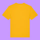 Back view of a Spectra Yellow organic cotton unisex adults t-shirt by Katie Abey displayed on a purple background. Plain back of the Prioritising Whimsy, Nonsense and Joy graphic tee showing the relaxed everyday fit.