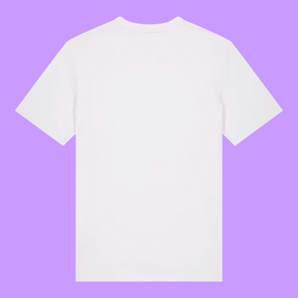 Back view of a white organic cotton unisex adults t-shirt by Katie Abey displayed on a purple background. Plain rear of the Prioritising Whimsy, Nonsense and Joy graphic tee showing the relaxed fit and soft single jersey fabric.
