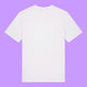 Back view of a white organic cotton unisex adults t-shirt by Katie Abey displayed on a purple background. Plain rear of the Prioritising Whimsy, Nonsense and Joy graphic tee showing the relaxed fit and soft single jersey fabric.
