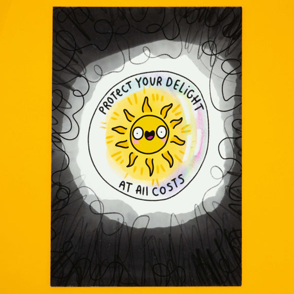 Full view of Katie Abey’s A4 art print “Protect Your Delight At All Costs”. The vibrant sunshine illustration radiates against a dark swirly background. Mounted on foam-backed board with a matte finish. Each print is signed and numbered, with only 10 available. A playful limited edition wall print to boost your home décor.