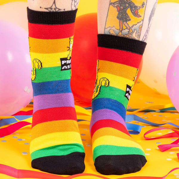 A model wearing Katie Abey socks with a yellow cat holding a sign saying proud as fuck. They are striped in rainbow colours and lovely and vibrant. The model is stood on a yellow floor with balloons, confetti and ribbons