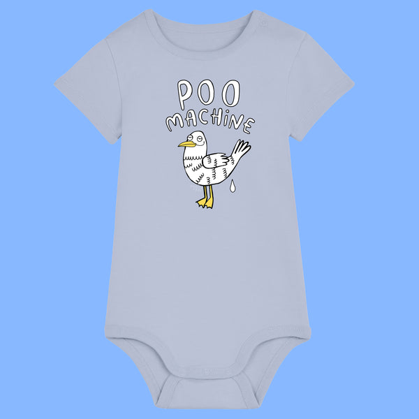 Serene blue baby grow featuring the Katie Abey Poo Machine illustration with a cheeky seagull and humorous text. Funny baby babygrow made from organic cotton with short sleeves and popper fastening. Novelty baby outfit designed by UK illustrator Katie Abey.