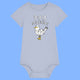 Serene blue baby grow featuring the Katie Abey Poo Machine illustration with a cheeky seagull and humorous text. Funny baby babygrow made from organic cotton with short sleeves and popper fastening. Novelty baby outfit designed by UK illustrator Katie Abey.