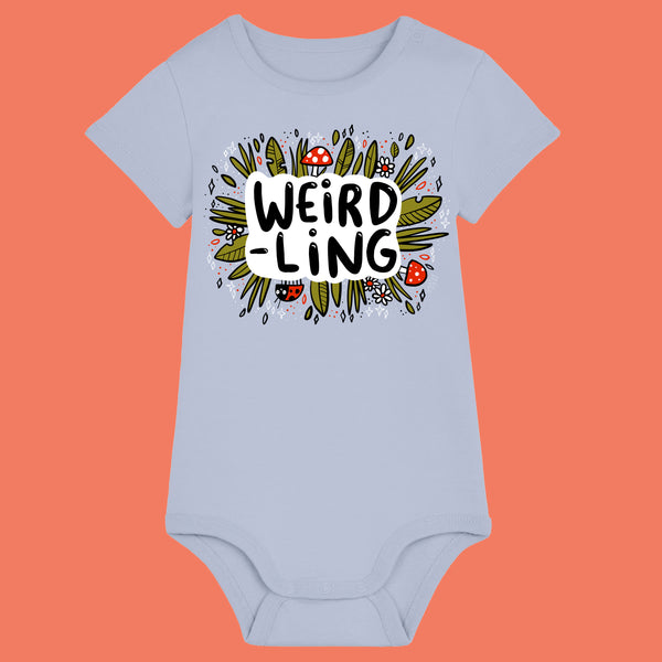 Serene blue organic cotton baby bodysuit featuring the “Weird-Ling” illustration by UK artist Katie Abey. Cute botanical artwork with mushrooms, leaves and playful lettering celebrating being weird. Short sleeve baby grow with shoulder snaps and bottom poppers, perfect for alternative baby clothing and quirky baby gifts.