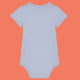 Serene blue organic cotton baby bodysuit by Katie Abey shown from the back. Short sleeve babygrow with soft interlock fabric and popper fastening at the bottom. Comfortable unisex baby clothing designed by UK illustrator Katie Abey, perfect for quirky families who love alternative baby fashion.
