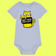 Serene blue organic cotton baby grow featuring a quirky yellow cat illustration holding a sign reading “Not Today Mum Guilt”. Designed by UK illustrator Katie Abey, this funny and relatable babygrow combines playful humour with soft organic fabric, perfect for babies and a great gift for new parents.