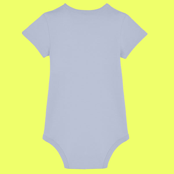 Back view of serene blue baby grow made from organic cotton, short sleeves with envelope neckline and popper fastening. Minimal back design of the “Not Today Mum Guilt” babygrow by UK illustrator Katie Abey, known for quirky and playful artwork encouraging people to embrace their weirdness.