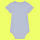 Back view of serene blue baby grow made from organic cotton, short sleeves with envelope neckline and popper fastening. Minimal back design of the “Not Today Mum Guilt” babygrow by UK illustrator Katie Abey, known for quirky and playful artwork encouraging people to embrace their weirdness.