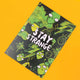 Colourful postcard by Katie Abey featuring the phrase "Stay Strange" in bold white letters. The background is filled with quirky, green alien characters and lightning bolts on a black background. Some aliens wear hats and have various expressions. The design is playful and encourages embracing individuality. The artist's handle, @katieabey, is subtly included. The background is bright yellow