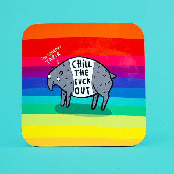 Funny chill out coaster grey tapir on rainbow background tea coffee coaster. Designed by Katie Abey in the UK