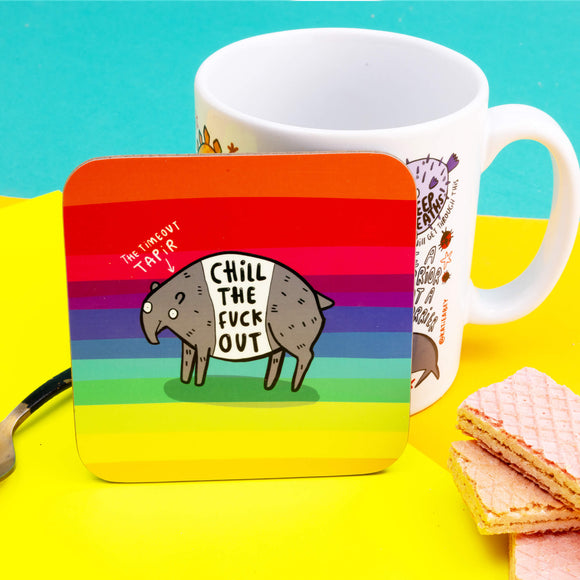 Funny chill out coaster grey tapir on rainbow background tea coffee coaster. Designed by Katie Abey in the UK