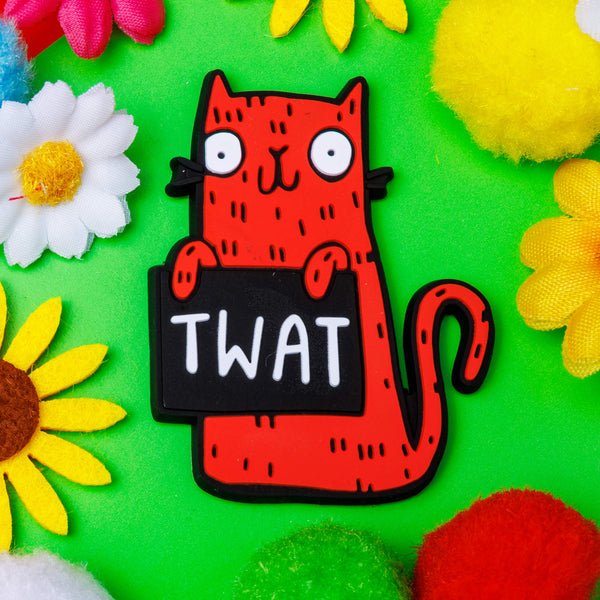 Funny fridge magnet sweary rainbow cats. Red and black smiley cat holding sign. Designed by Katie Abey in the UK