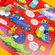 We catch the bus by Katie Abey book being held open. The page spread features various animals in fun cars on a red background.  Super bright colours and fun anecdotes. Printed in the UK by bloomsbury.
