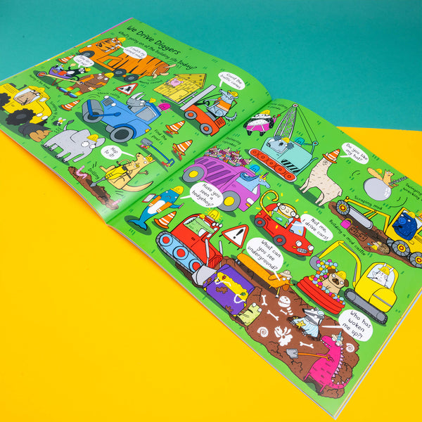 We catch the bus by Katie Abey book being held open on an . The page spread features various animals working in a park area. The text in the top left reads We drive diggers.  Super bright colours and fun anecdotes. Printed in the UK by bloomsbury.