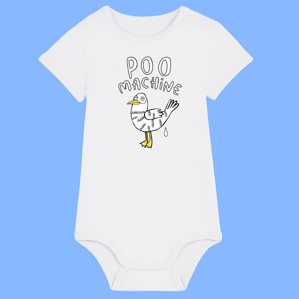 White baby grow featuring the Katie Abey Poo Machine seagull illustration with humorous text. Funny novelty baby babygrow made from organic cotton with short sleeves and popper fastening. Cute baby outfit designed by UK illustrator Katie Abey.