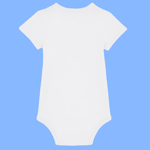 White baby grow back view made from soft organic cotton with short sleeves and envelope neckline. Plain back design of the Katie Abey Poo Machine babygrow for babies aged 0 to 24 months. Funny novelty baby clothing by UK illustrator Katie Abey.