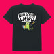 Black kids t shirt featuring Katie Abey Wield Your Weird artwork, showing a green cartoon character holding a rainbow shield and sword with bold speech bubble text. Organic cotton children’s tee on a bright pink background, fun quirky illustration encouraging kids to embrace being weird.