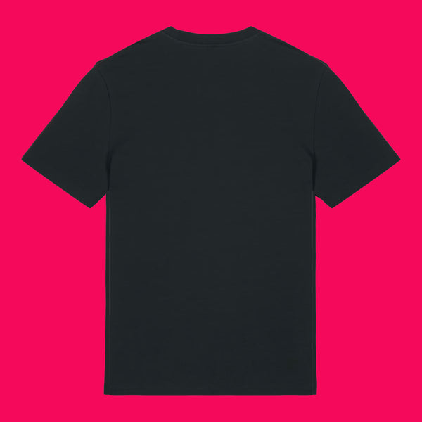 Back view of the Wield Your Weird Adults T Shirt by Katie Abey in black. Plain black short sleeve unisex T shirt shown on a bright pink background, highlighting the relaxed fit and simple back design.