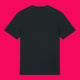 Back view of the Wield Your Weird Adults T Shirt by Katie Abey in black. Plain black short sleeve unisex T shirt shown on a bright pink background, highlighting the relaxed fit and simple back design.