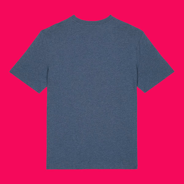 Back view of the Wield Your Weird Adults T Shirt by Katie Abey in dark heather blue. Plain short sleeve unisex T shirt shown on a bright pink background, highlighting the smooth fabric and relaxed fit.