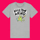Heather grey kids t shirt featuring Katie Abey Wield Your Weird artwork, showing a green cartoon character holding a rainbow shield and sword with bold speech bubble text. Organic cotton children’s tee on a bright pink background, fun quirky illustration encouraging kids to embrace being weird.