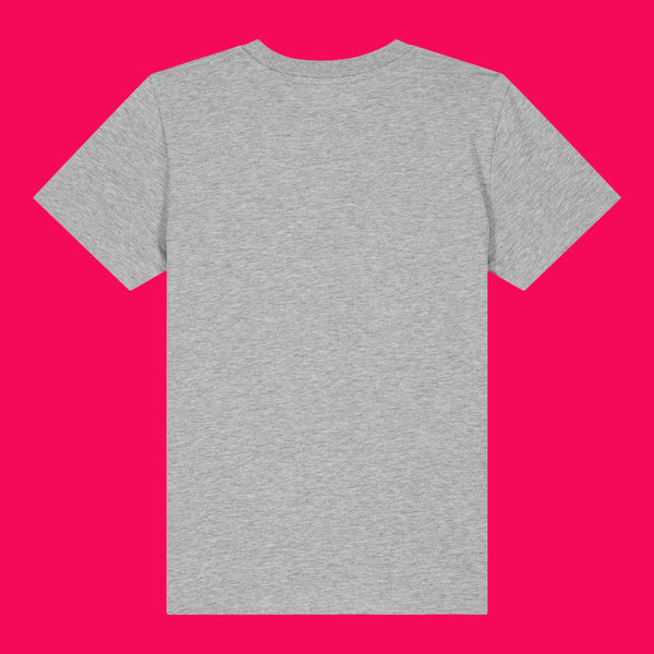 Back view of heather grey kids t shirt laid flat on a bright pink background. Plain back design showing soft organic cotton fabric, short sleeves and classic fit. Unisex children’s t shirt designed by Katie Abey for everyday comfort and wear.