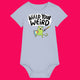 Serene Blue Wield Your Weird baby grow by Katie Abey, featuring a colourful illustrated character holding a sword and shield with the slogan “Wield Your Weird” on the front. Short sleeved unisex baby grow with popper fastenings, made for comfort while celebrating individuality, creativity and being proudly weird.