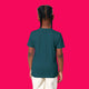 Back view of child wearing stargazer blue kids t shirt by Katie Abey. Plain back design with short sleeves and relaxed fit, photographed on a bright pink background. Soft organic cotton tee designed for comfort and play.