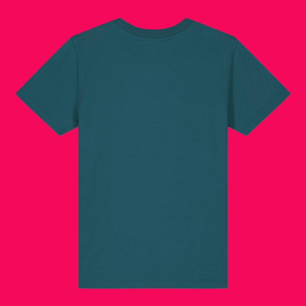 Back view of stargazer blue kids t shirt laid flat on a bright pink background. Plain back design showing soft organic cotton fabric and classic fit. Comfortable unisex children’s tee by Katie Abey designed for everyday wear.
