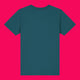 Back view of stargazer blue kids t shirt laid flat on a bright pink background. Plain back design showing soft organic cotton fabric and classic fit. Comfortable unisex children’s tee by Katie Abey designed for everyday wear.