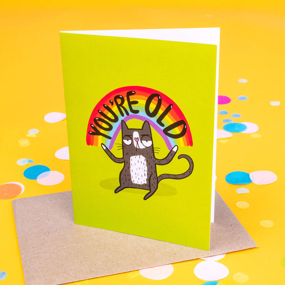 An A6 card with an annoyed cat illustrated on the front by Katie Abey with a rainbow above them and the text saying 'you're old' in a green backdrop