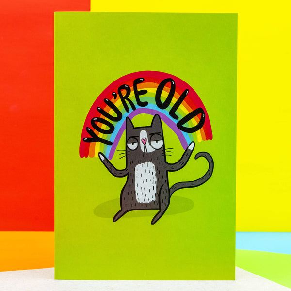 An A6 card with an annoyed cat illustrated on the front by Katie Abey with a rainbow above them and the text saying 'you're old' in a green backdrop