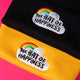 The Hat of Happiness beanie in yellow and black with embroidered lettering on a cloud and rainbow. 100% soft-touch acrylic in a double layer knit. Designed by Katie Abey in the UK