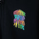 Kids childrens size black hoodie jumper with hood reading 'Embrace Your Weirdness' printed in bold large colourful rainbow letters on the back, and small on the front right hand side, in red orange yellow green teal blue purple and pink. Also has front zip and large pocket. Designed by Katie Abey in the UK.