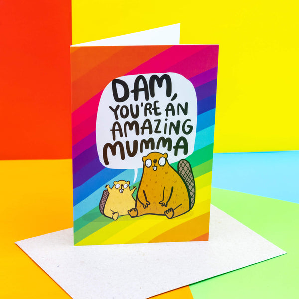 Dam you're an amazing mumma mothers day greeting card size A6. Funny silly mothers day birthday or thank you card with happy squirrels printed on rainbow design. Comes with brown envelope. Designed by Katie Abey in the UK