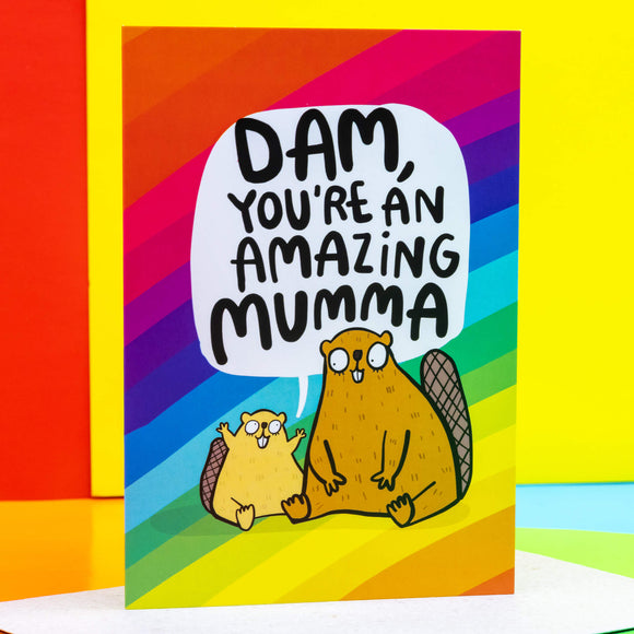Dam you're an amazing mumma mothers day greeting card size A6. Funny silly mothers day birthday or thank you card with happy squirrels printed on rainbow design. Comes with brown envelope. Designed by Katie Abey in the UK
