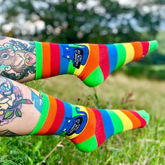 Pack of nine sweary cat socks with cat design on rainbow knitted pattern. 76% cotton, 22% polymide, 2% elastane. Blue cat holding sign on striped pattern. Designed by Katie Abey in the UK