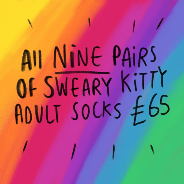 Pack of nine sweary cat socks with cat design on rainbow knitted pattern. 76% cotton, 22% polymide, 2% elastane. Black writing reads 'All nine pairs of sweary kitty adult socks £65 on rainbow background. Designed by Katie Abey in the UK