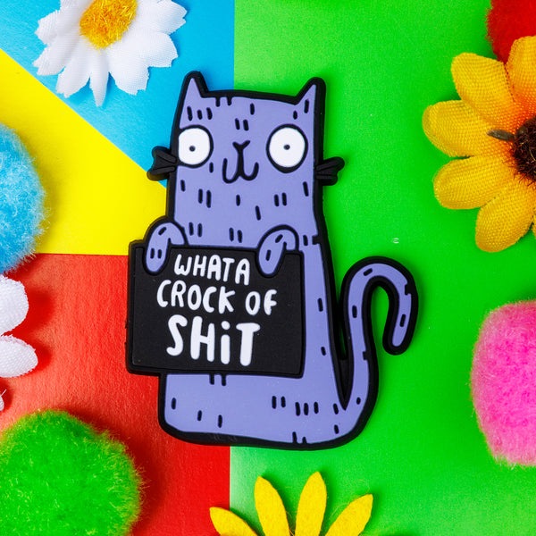 Swear Word Purple and Black Cat Fridge Magnet holding funny sign. Designed by Katie Abey in the UK